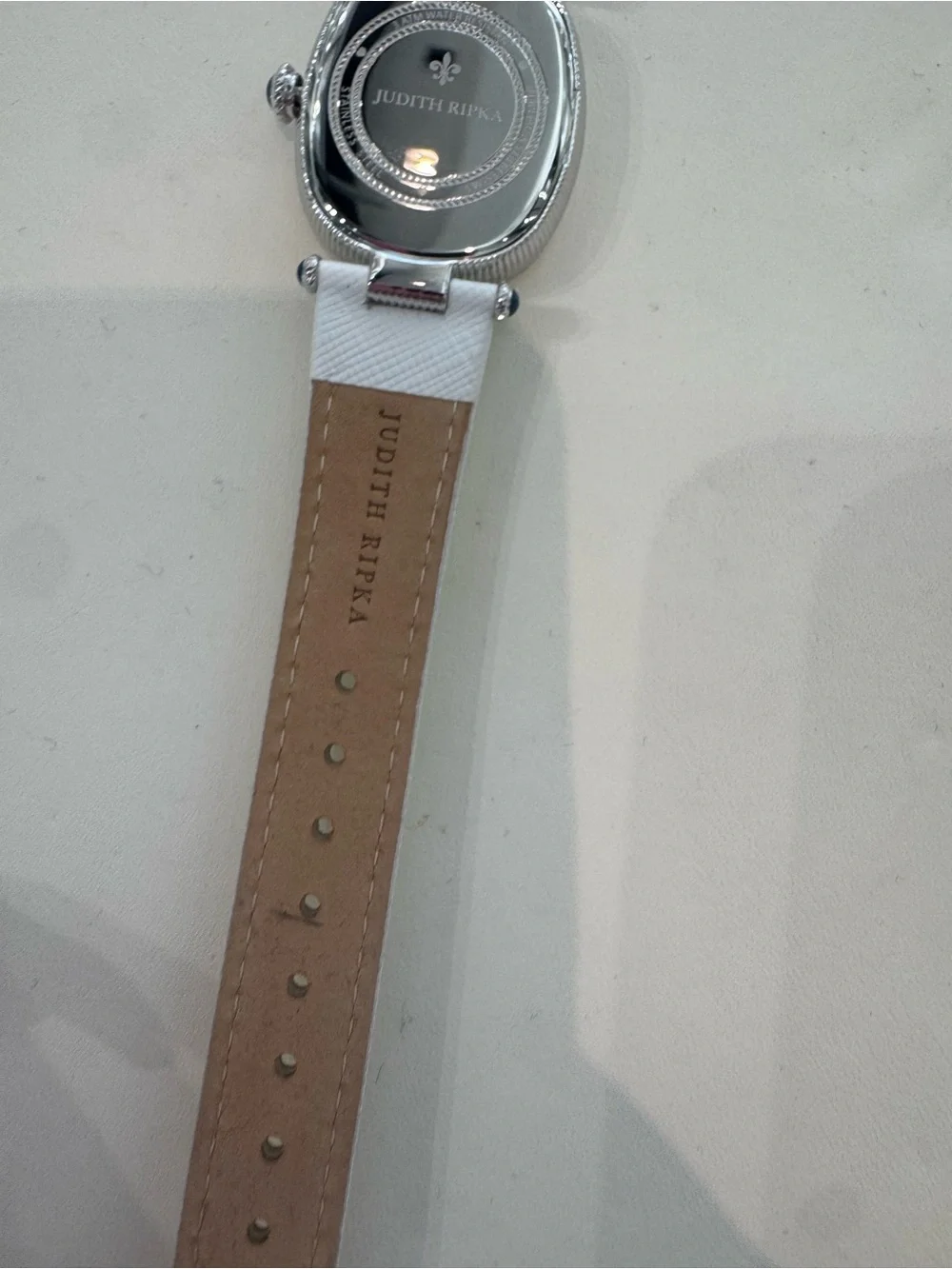 Judith Ripka Patriotic Moon Phase Oval Watch MOP tone Dial White Leather Strap
